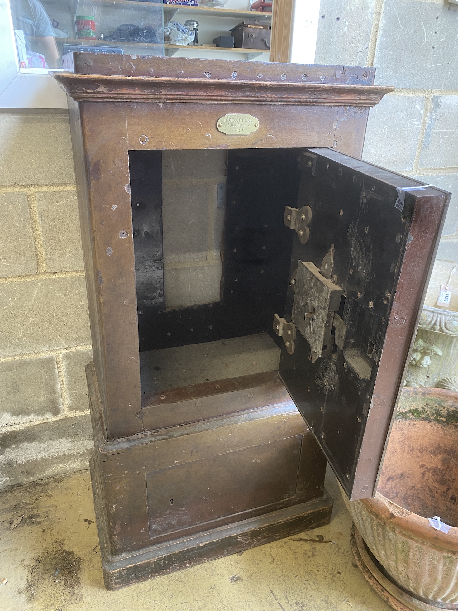 A 19th century French cast iron safe (no key), width 61cm, depth 36cm, height 120cm